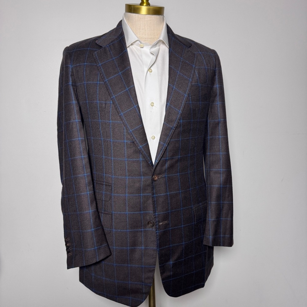 Edgar Pomeroy Sport Coat Mens 38R Brown Blue Windowpane Hand Made Couture Blazer